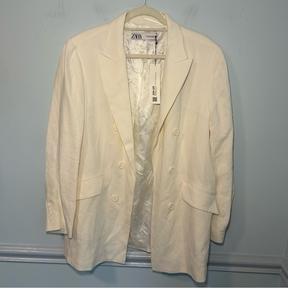 NWT Zara Linen Blend Oversized Ivory Blazer Size XL